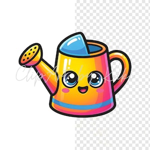 Kawaii rainbow watering can PNG clipart with blue spout opening