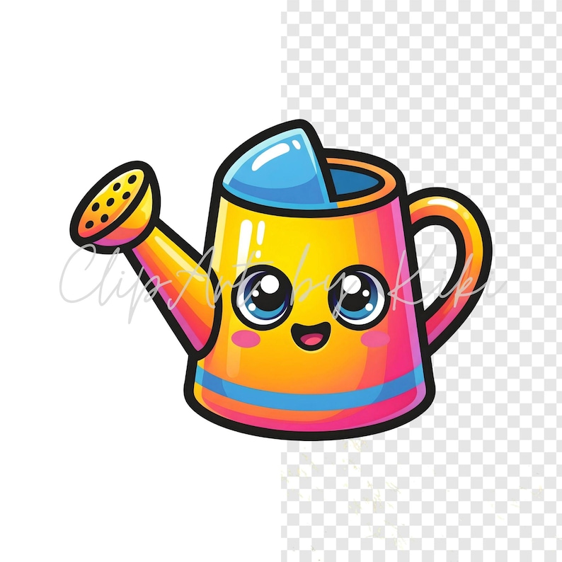 Kawaii rainbow watering can PNG clipart with blue spout opening