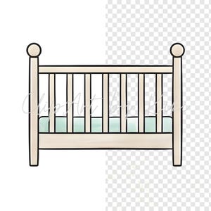 Puede incluir: Ilustraci&oacute;n de una cuna crema con un colch&oacute;n azul claro. La cuna tiene barras verticales y postes redondeados en cada esquina. Adecuado para la decoraci&oacute;n de la guarder&iacute;a o proyectos tem&aacute;ticos para beb&eacute;s.