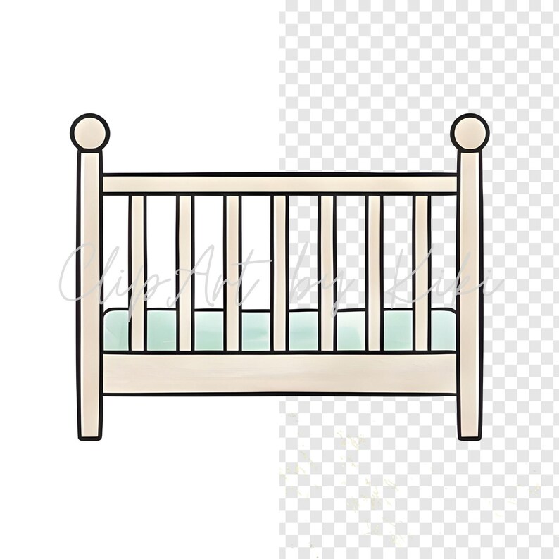 Puede incluir: Ilustraci&oacute;n de una cuna crema con un colch&oacute;n azul claro. La cuna tiene barras verticales y postes redondeados en cada esquina. Adecuado para la decoraci&oacute;n de la guarder&iacute;a o proyectos tem&aacute;ticos para beb&eacute;s.