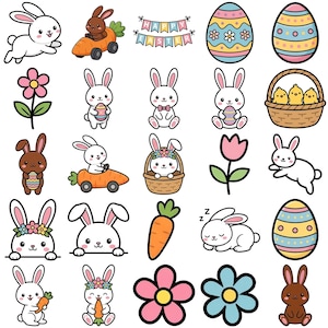 Könnte beinhalten: Eine Sammlung farbenfroher Illustrationen zum Thema Ostern. Das Bild zeigt verschiedene Hasen, Ostereier, Blumen, Karotten und einen Korb mit Küken. Einige Hasen halten Eier oder Karotten, andere sitzen in einem Karottenauto oder einem Korb.