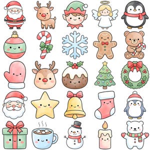 Kawaii Watercolor Christmas Clipart Collection, PNG Digital Download