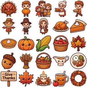 May include: A selection of cartoon illustrations with a Thanksgiving theme. Depicted are a turkey, pumpkin, family, pie, corn, basket of apples, autumn leaves, acorn, wheat, basket of vegetables, gravy boat, plate of food, a sign saying "Give Thanks", maple leaf, candle, mug of cider, and a wreath.