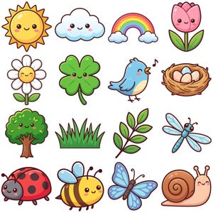 Pode incluir: Uma coleção de ilustrações de desenhos animados coloridos com um sol sorridente, uma nuvem, um arco-íris, uma flor, um trevo, um pássaro, um ninho com ovos, uma árvore, grama, folhas, uma libélula, uma joaninha, uma abelha, uma borboleta e um caracol.