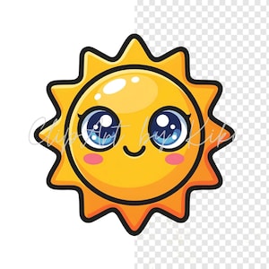 Kawaii yellow sun PNG clipart with orange rays and blue eyes