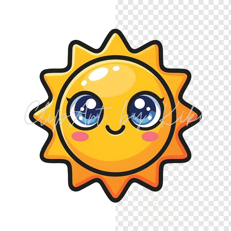Kawaii yellow sun PNG clipart with orange rays and blue eyes