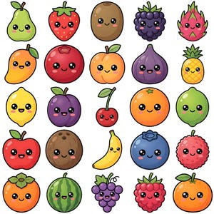 Pode incluir: Uma coleção de frutas de desenho animado, incluindo uma pera, morango, kiwi, amora e fruta do dragão. Outras frutas incluem manga, oxicoco, damasco, figo, abacaxi, limão, ameixa, cereja, laranja, limão, maçã, coco, banana, mirtilo e lichia.