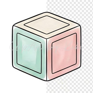 Puede incluir: Un cubo estilo acuarela con contorno negro. La parte superior es beige, un lado es verde menta y otro rosa. El texto "Cup Art Lily" es visible en el lado verde. El cubo es un dise&ntilde;o simple y colorido.