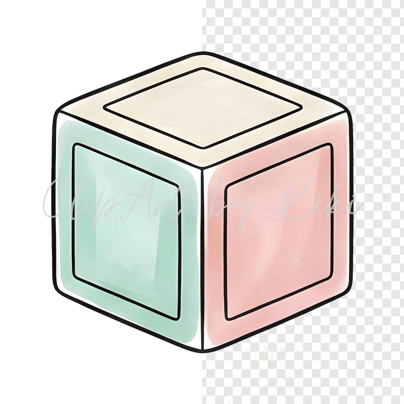Puede incluir: Un cubo estilo acuarela con contorno negro. La parte superior es beige, un lado es verde menta y otro rosa. El texto "Cup Art Lily" es visible en el lado verde. El cubo es un dise&ntilde;o simple y colorido.