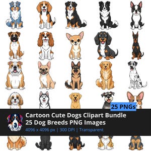 Cartoon Cute Dogs, Dog Clip Art, Dog Breed Clipart, PNG bundle, Digital Download