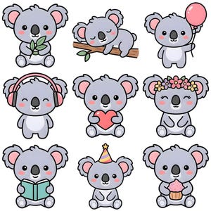 May include: Nine cartoon koala bear illustrations. Each koala is gray with pink ears and cheeks. They are holding a leaf, sleeping on a branch, holding a balloon, wearing headphones, holding a heart, wearing a flower crown, reading a book, wearing a party hat, and holding a cupcake.