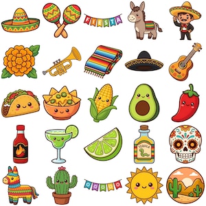 May include: A collection of colorful, cartoon-style illustrations featuring Mexican cultural elements. Includes a sombrero, maracas, a donkey, a mariachi, a guitar, a taco, nachos, an avocado, a chili pepper, tequila, and a sugar skull.