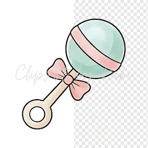 Puede incluir: Ilustraci&oacute;n en acuarela de un sonajero para beb&eacute;. El sonajero presenta una esfera azul claro con una franja rosa, un lazo rosa y un mango beige. El dise&ntilde;o est&aacute; delineado en negro.