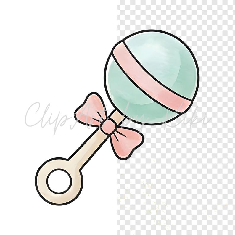 Puede incluir: Ilustraci&oacute;n en acuarela de un sonajero para beb&eacute;. El sonajero presenta una esfera azul claro con una franja rosa, un lazo rosa y un mango beige. El dise&ntilde;o est&aacute; delineado en negro.