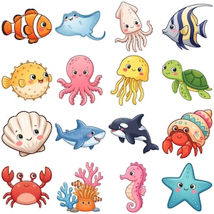 May include: A collection of colorful cartoon sea creatures, including a clownfish, stingray, squid, and various fish. Other creatures include a pufferfish, octopus, jellyfish, turtle, seashell, shark, orca, hermit crab, crab, coral, seahorse, and starfish.