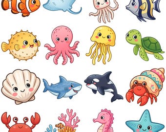 Ocean Animals Clipart PNG Bundle, Cartoon Style, Printable Stickers, Digital Download