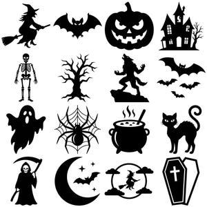May include: A collection of sixteen black silhouette icons featuring Halloween themes including a witch on a broomstick, a jack-o'-lantern, a haunted house, a skeleton, a werewolf, bats, a ghost, a spider web, a cauldron, a cat, a grim reaper, and a coffin.