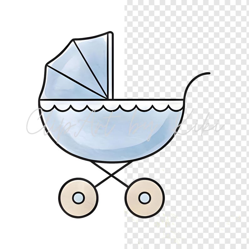 Puede incluir: Ilustraci&oacute;n de un cochecito de beb&eacute; azul claro con capota. El cochecito tiene un cuerpo curvo, ruedas negras y un asa. Las ruedas son beige con un centro azul claro. El dise&ntilde;o es de estilo acuarela.