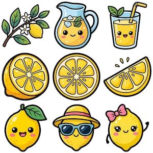 9 Kawaii Lemon Clipart PNG Bundle, Digital Download