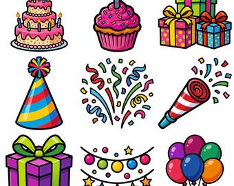 Birthday Party Clipart PNG Bundle, Bold Modern Graphic Style, Printable Stickers, Digital Download