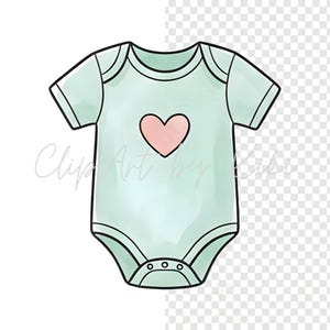 Puede incluir: Un body de beb&eacute; verde claro con un coraz&oacute;n rosa en el centro. El body tiene mangas cortas y tres broches en la parte inferior. La imagen tiene un efecto de acuarela y el texto "Clip Art by Kiki" est&aacute; en la imagen.