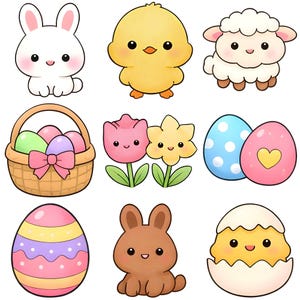 May include: Nine cartoon illustrations with Easter themes. Includes a white bunny, yellow chick, sheep, basket of eggs, pink and yellow flowers, decorated eggs, and a brown bunny. All are drawn in a cute style.