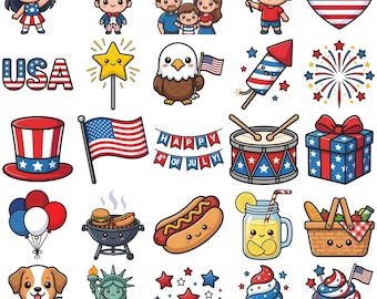 25 Kawaii 4th of July Clipart PNG Bundle, Printable Stickers, Digital Download