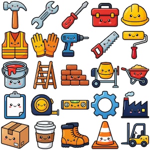 May include: A set of cartoon construction tools and equipment. Includes a hammer, spanner, screwdriver, toolbox, hard hat, safety vest, gloves, drill, saw, paint roller, paint bucket, ladder, bricks, cement mixer, wheelbarrow, clipboard, tape measure, spirit level, gear, factory, cardboard box, coffee cup, boots, traffic cone, and forklift.