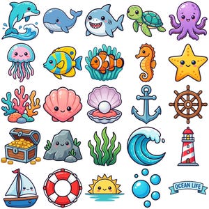 以下が含まれることがあります： 海の生き物を描いた、カラフルな漫画のイラスト集。イルカ、クジラ、サメ、カメ、タコ、クラゲ、魚、タツノオトシゴ、ヒトデ、サンゴ、貝殻、イカリ、宝箱など。