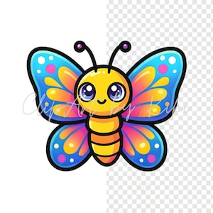 Kawaii butterfly PNG clipart with blue, orange, and yellow patterned wings