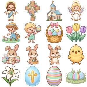 16 Kawaii Christian Easter Clipart PNG Bundle, Digital Download