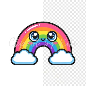 Kawaii rainbow PNG clipart with white clouds and smiling face