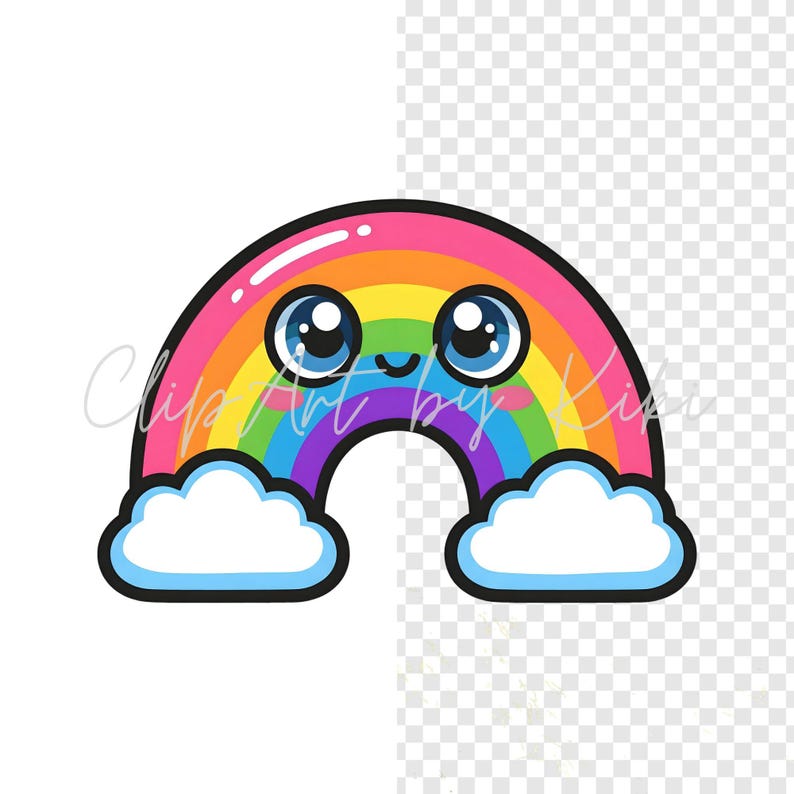 Kawaii rainbow PNG clipart with white clouds and smiling face