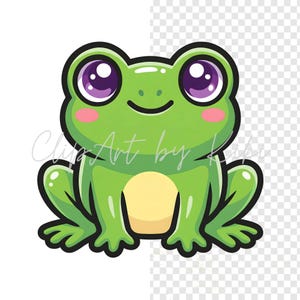 Kawaii green frog PNG clipart with beige belly and purple eyes