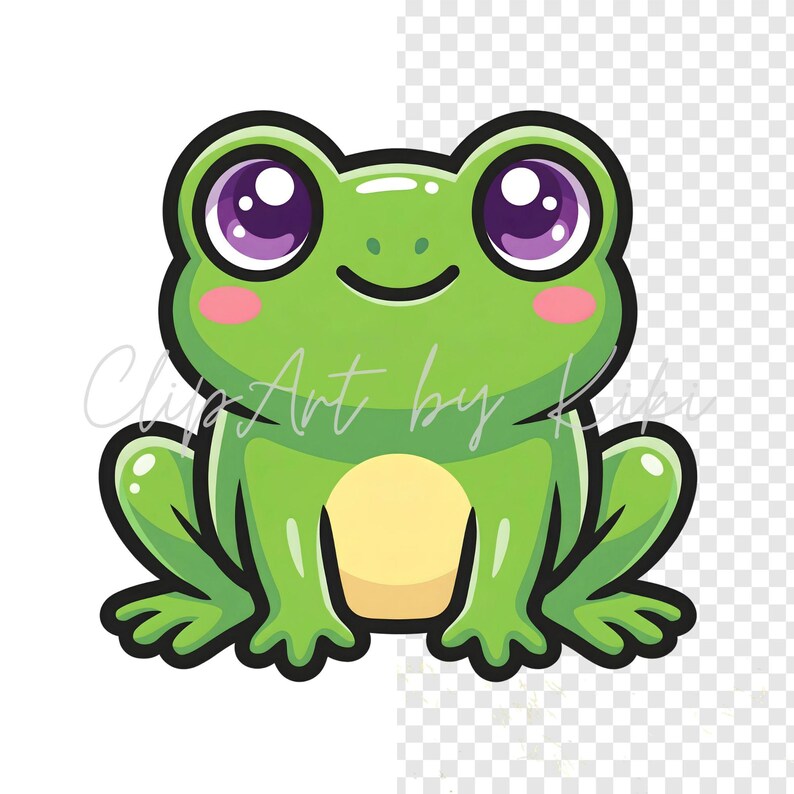 Kawaii green frog PNG clipart with beige belly and purple eyes