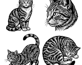 Cat Linocut Clipart, Animal PNG Bundle, Linocut Prints, Printable Stickers, Digital Download