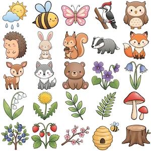 May include: A set of vibrant cartoon illustrations depicting woodland animals, flora, and weather symbols. Includes a sun, rain cloud, bee, butterfly, woodpecker, owl, hedgehog, rabbit, squirrel, badger, fox, deer, wolf, bear, flowers, and other elements.