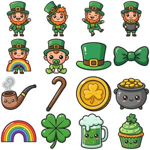 May include: A collection of St. Patrick's Day themed illustrations. Includes leprechauns, hats, a bow tie, a pipe, a cane, a coin, a pot of gold, a rainbow, a four-leaf clover, a beer mug, and a cupcake.