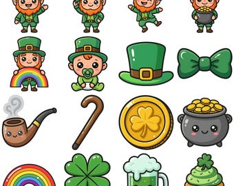 16 Colorful Kawaii St. Patrick’s Day Leprechaun Clipart PNG Bundle, Digital Download