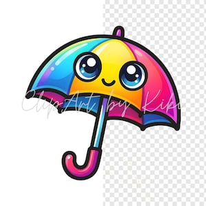 Kawaii rainbow umbrella PNG clipart with pink curved handle