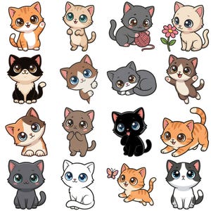 May include: A collection of sixteen cartoon cat illustrations in various poses and colors. The cats have large eyes and are depicted in shades of orange, gray, black, brown, and white. Some cats are waving, playing with yarn, or holding flowers.