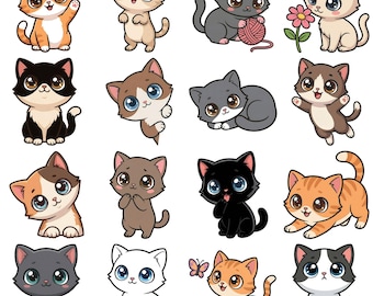 16 Kawaii Cats Clipart PNG Bundle, Digital Download