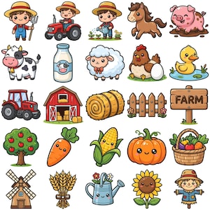 May include: A collection of colorful cartoon farm-themed illustrations. The image includes a farmer, tractor, animals like a cow, pig, and sheep, and various farm elements such as a barn, hay bale, and crops like corn and a pumpkin.