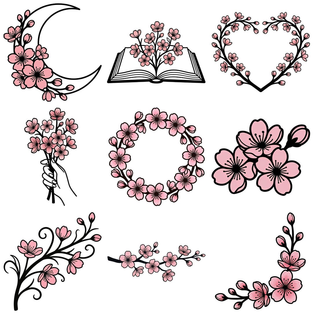 9 Cherry Blossom Floral Clipart PNG Bundle, Modern Graphic Style ...