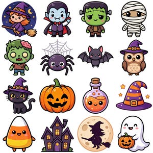 May include: A collection of sixteen colourful Halloween-themed stickers featuring a witch on a broom, a vampire, Frankenstein's monster, a mummy, a zombie, a spider, a bat, an owl, a black cat, a jack-o'-lantern, a potion bottle, a witch hat, candy corn, a haunted house, a witch silhouette, and a ghost.