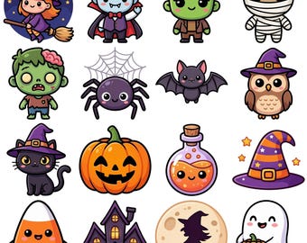 Puede incluir: Una colección de dieciséis pegatinas coloridas con temática de Halloween que incluyen una bruja en escoba, un vampiro, el monstruo de Frankenstein, una momia, un zombi, una araña, un murciélago, un búho, un gato negro, una calabaza, una poción, un sombrero de bruja, maíz dulce, una casa encantada, una silueta de bruja y un fantasma.