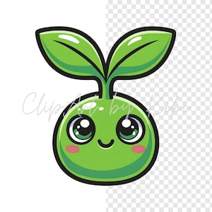 Kawaii green sprout PNG clipart with two leaves and blushing cheeks