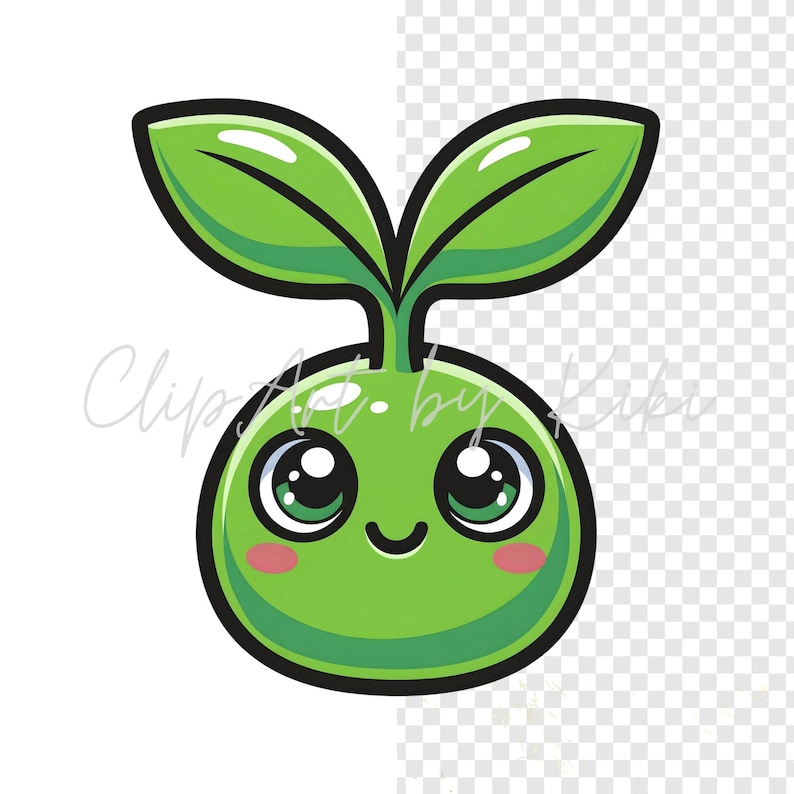 Kawaii green sprout PNG clipart with two leaves and blushing cheeks