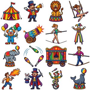 Puede incluir: Una colección de ilustraciones coloridas con temática de circo. Incluye una carpa de circo, un maestro de ceremonias con un megáfono, un león, una mujer en un columpio, un payaso con globos, un cañón, un funambulista, un payaso, un elefante, mazas de malabarismo, una carreta de circo, un funambulista, un tragafuegos, un mago, un payaso en monociclo y una foca.