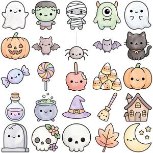Puede incluir: Una colección de veinticinco iconos de Halloween de estilo kawaii que incluye fantasmas, una calabaza, un murciélago, una araña, un gato negro, dulces, una botella de poción, un caldero, un sombrero de bruja, una escoba, una casa, una lápida, calaveras, una hoja y una luna creciente.